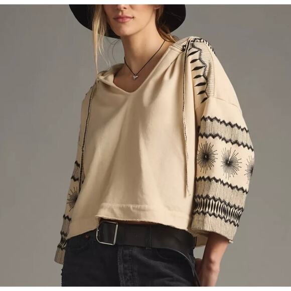 Anthropologie Sweaters - Anthropologie Embroidered Cropped Cream Hoodie Small